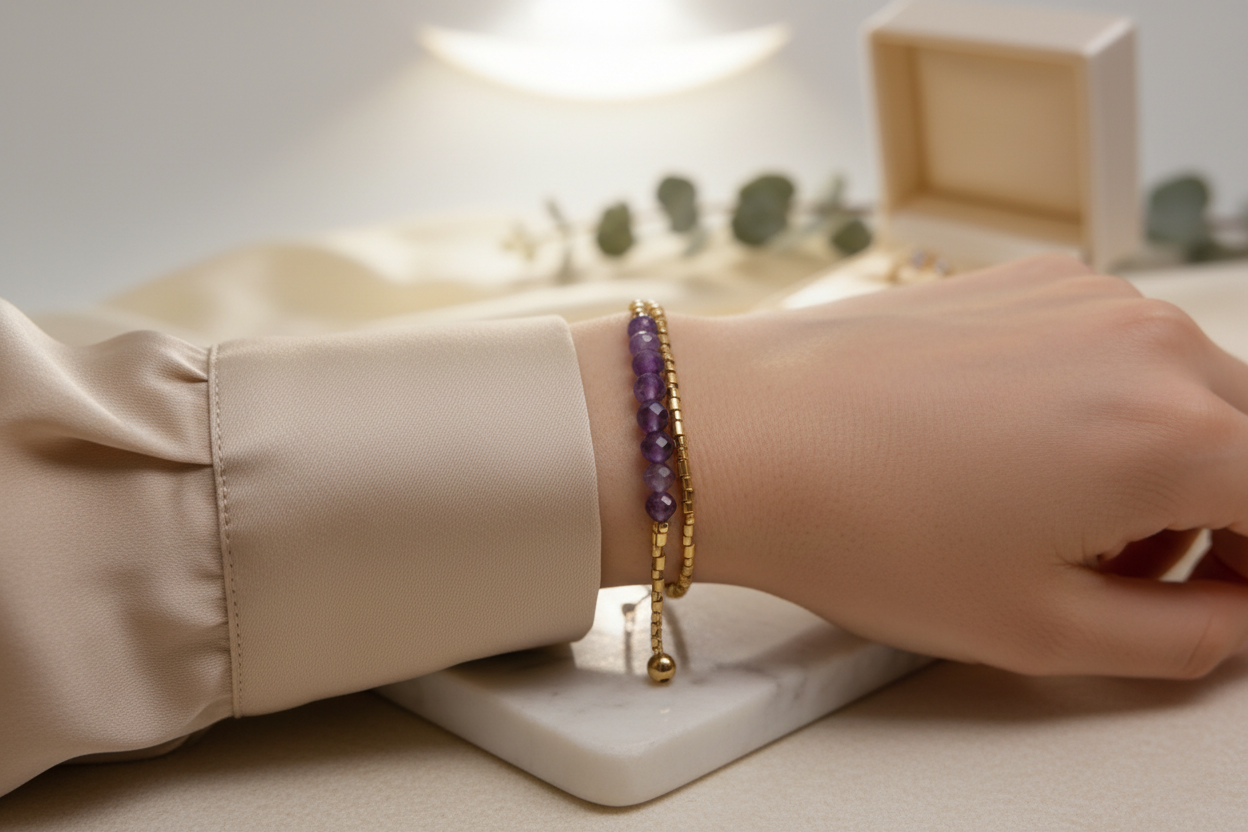 Handmade amethyst bracelet with 24k gold plated Miyuki Delica beads displayed on a marble surface by Gem N Glow by Natali