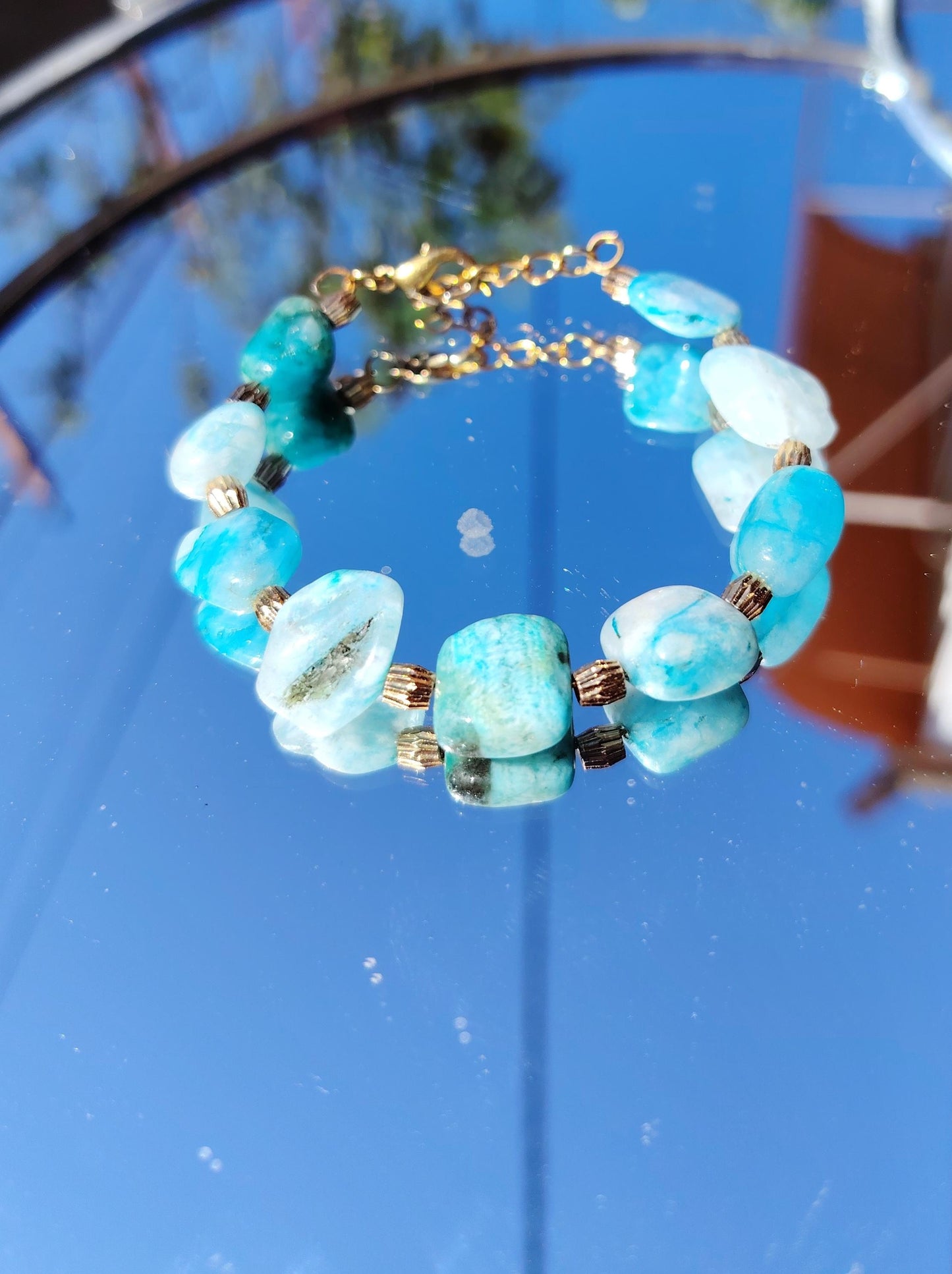 Handmade Larimar Bracelet, 24K Gold-Plated Spacers, Adjustable Boho Jewelry