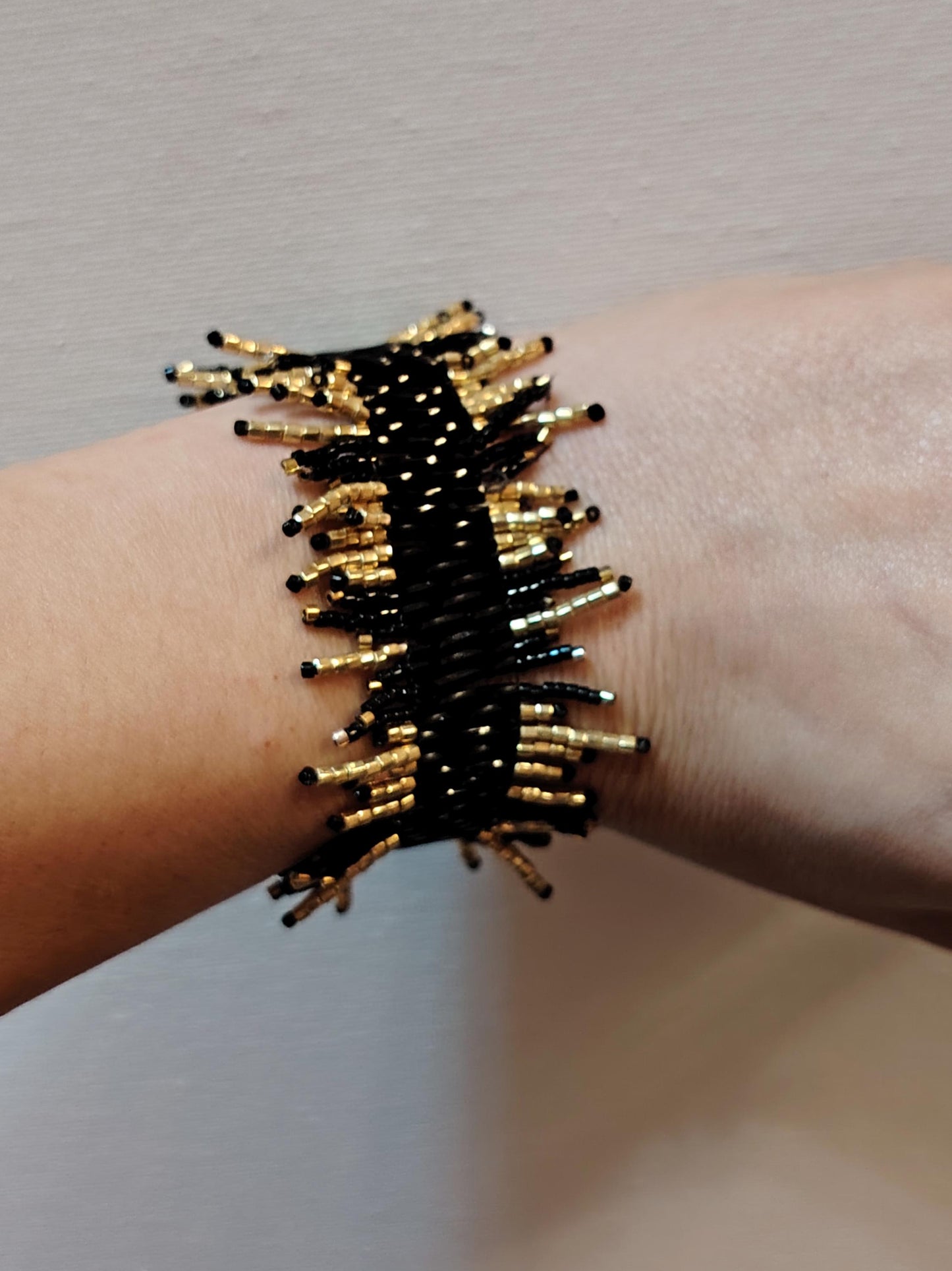 Sparkling Black & Gold Beaded Fringe Bracelet  Handwoven Statement Jewelry