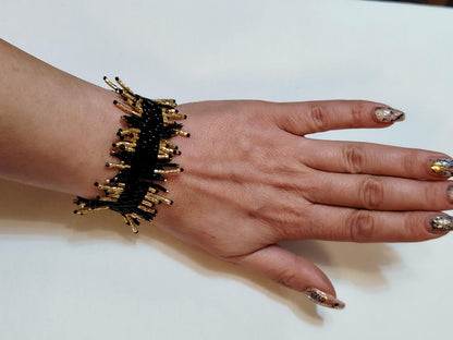 Sparkling Black & Gold Beaded Fringe Bracelet  Handwoven Statement Jewelry