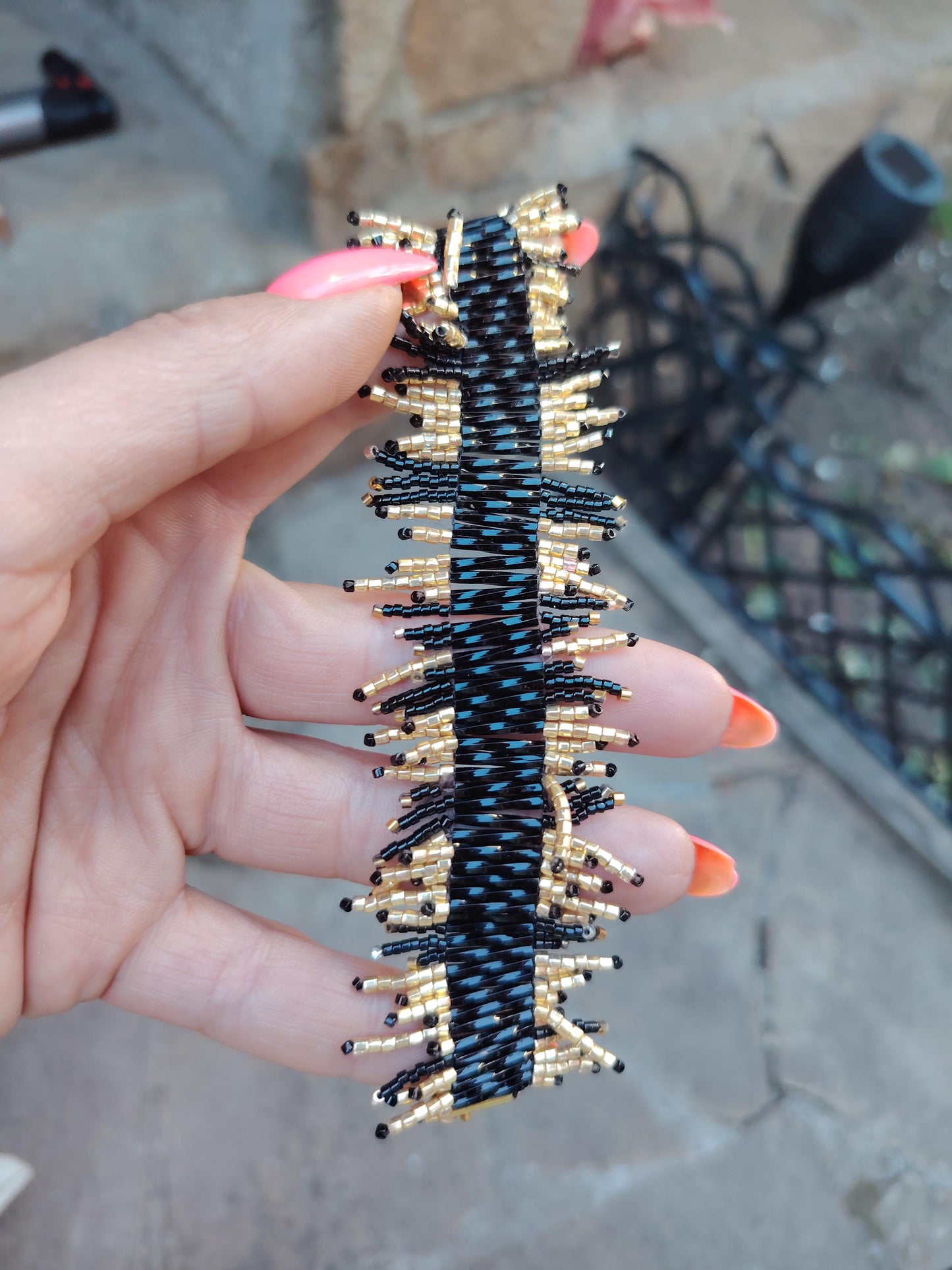 Sparkling Black & Gold Beaded Fringe Bracelet  Handwoven Statement Jewelry