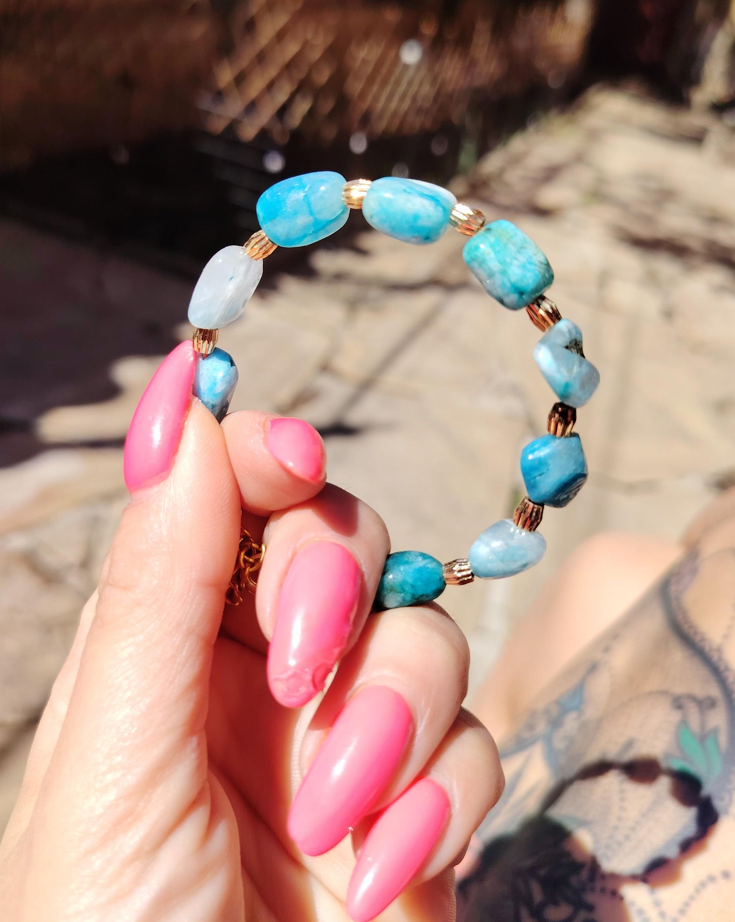 Handmade Larimar Bracelet, 24K Gold-Plated Spacers, Adjustable Boho Jewelry
