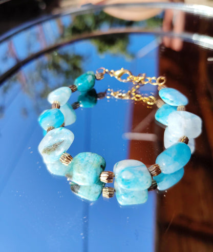 Handmade Larimar Bracelet, 24K Gold-Plated Spacers, Adjustable Boho Jewelry