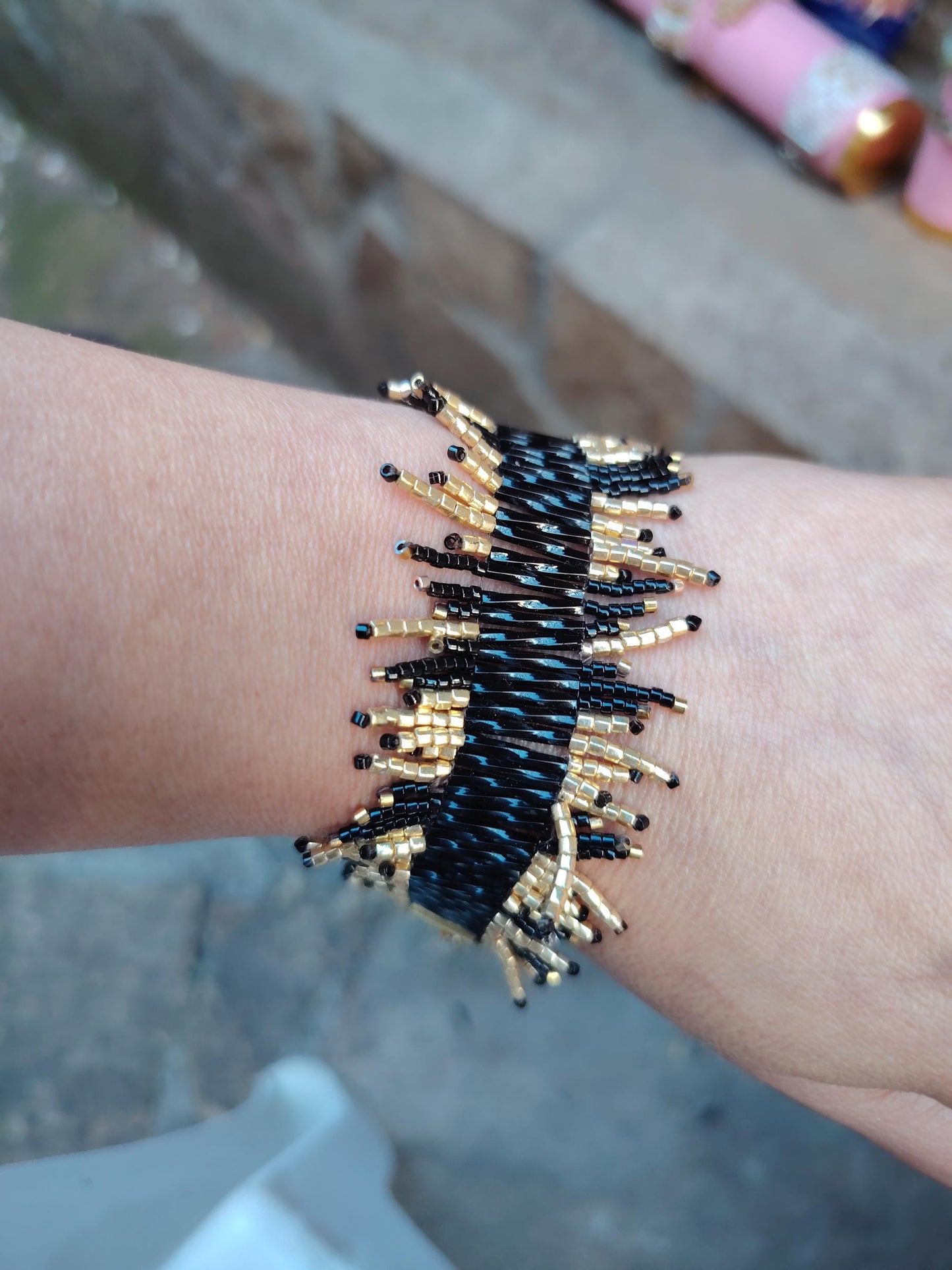 Sparkling Black & Gold Beaded Fringe Bracelet  Handwoven Statement Jewelry