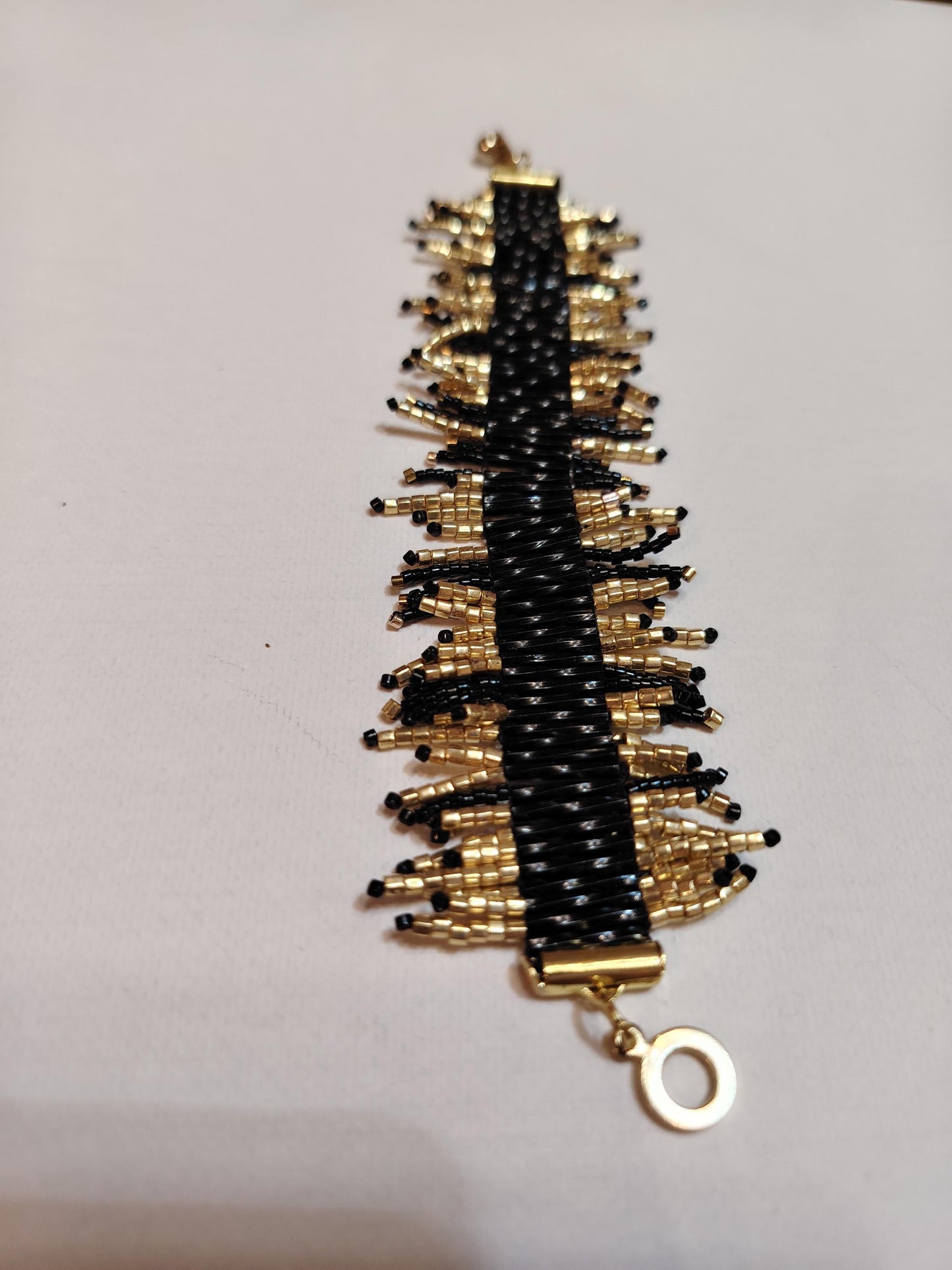 Sparkling Black & Gold Beaded Fringe Bracelet  Handwoven Statement Jewelry