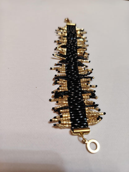 Sparkling Black & Gold Beaded Fringe Bracelet  Handwoven Statement Jewelry