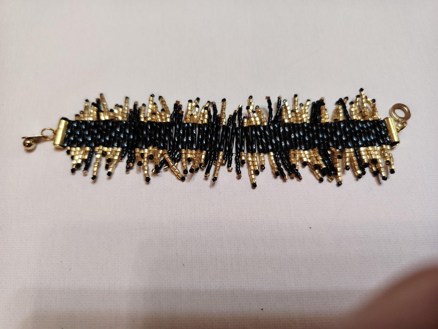 Sparkling Black & Gold Beaded Fringe Bracelet  Handwoven Statement Jewelry