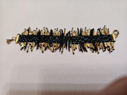 Sparkling Black & Gold Beaded Fringe Bracelet  Handwoven Statement Jewelry
