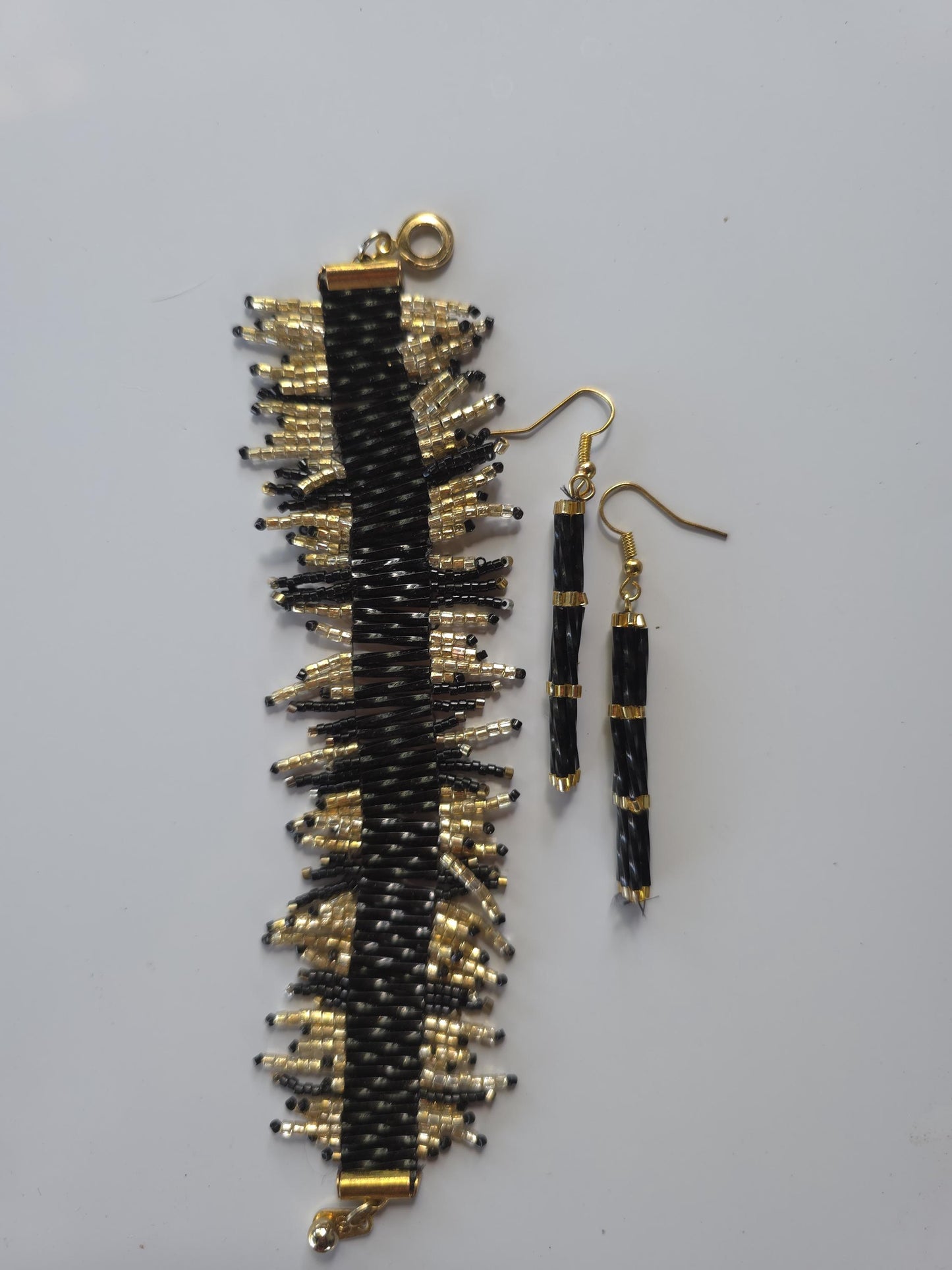 Sparkling Black & Gold Beaded Fringe Bracelet  Handwoven Statement Jewelry