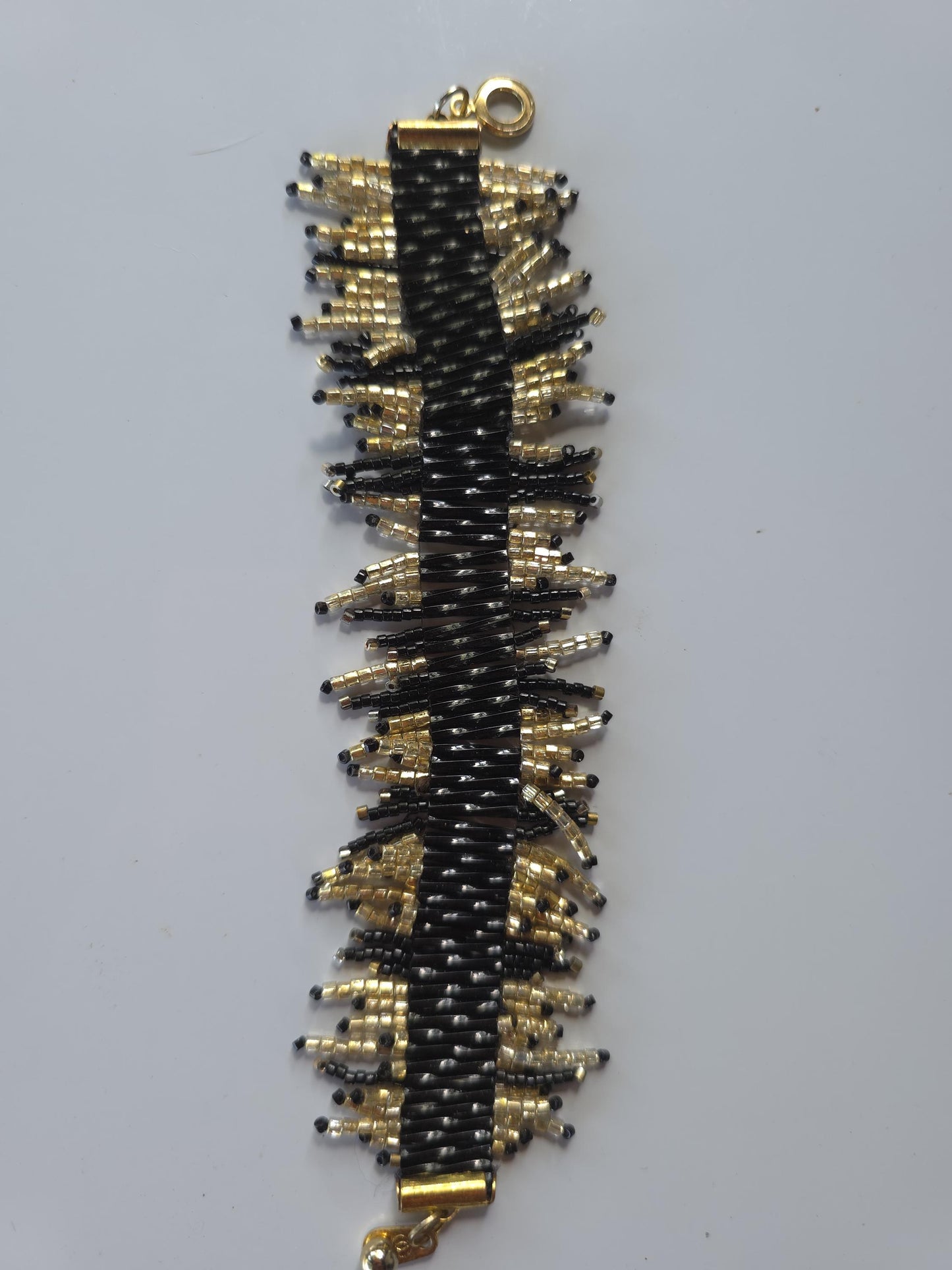 Sparkling Black & Gold Beaded Fringe Bracelet  Handwoven Statement Jewelry