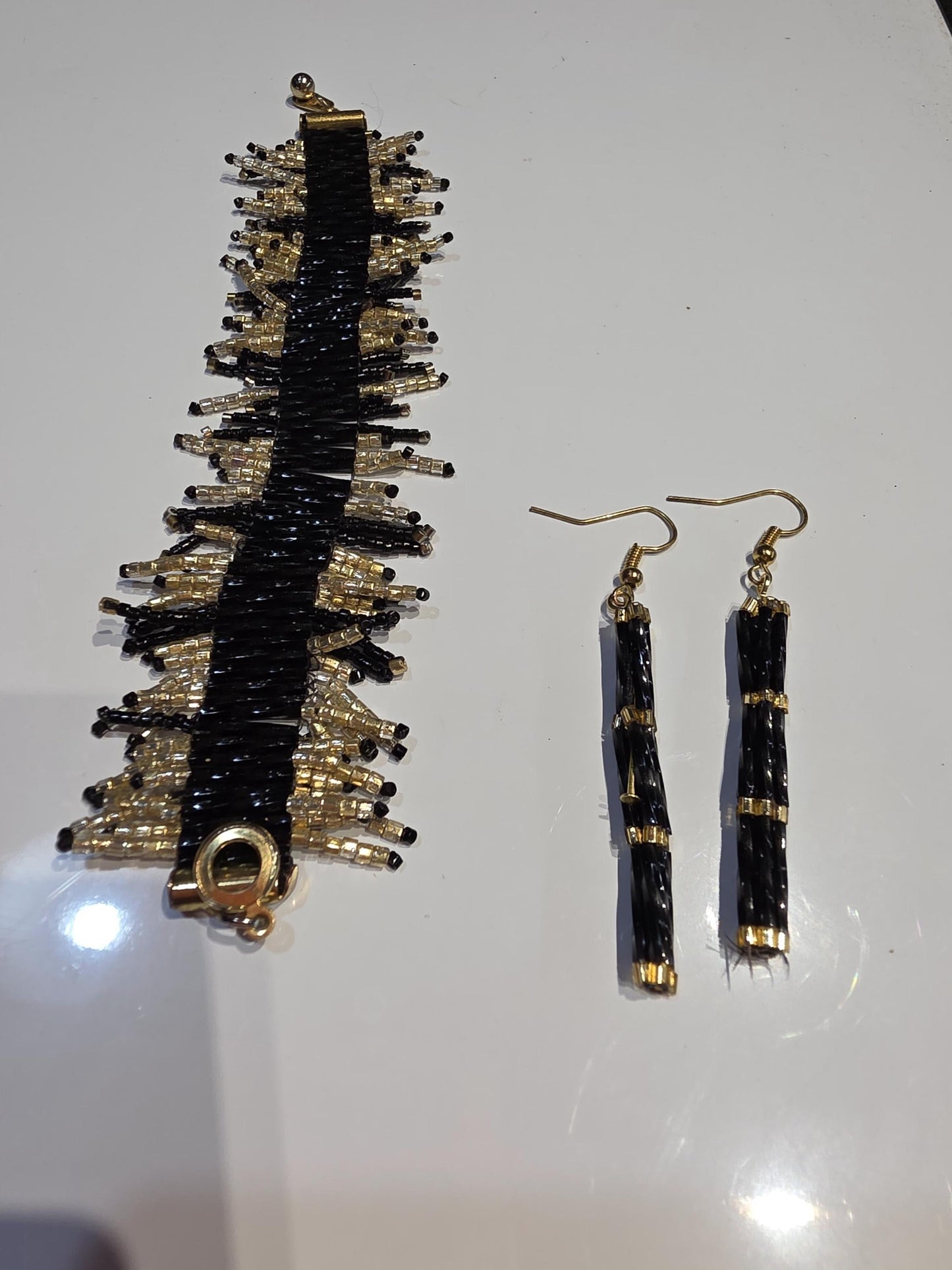 Sparkling Black & Gold Beaded Fringe Bracelet  Handwoven Statement Jewelry