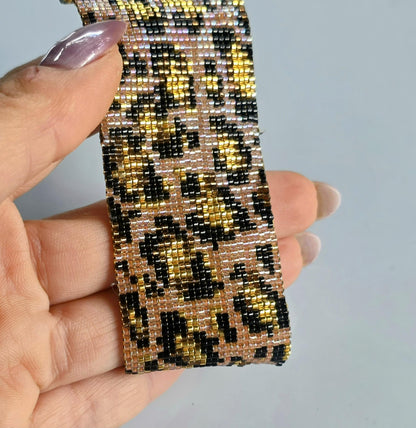 Leopard Beaded Cuff Bracelet | Handwoven Miyuki Animal Wristband | Wild Pattern Beaded Jewelry