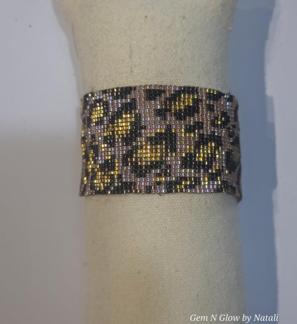 Leopard Beaded Cuff Bracelet | Handwoven Miyuki Animal Wristband | Wild Pattern Beaded Jewelry