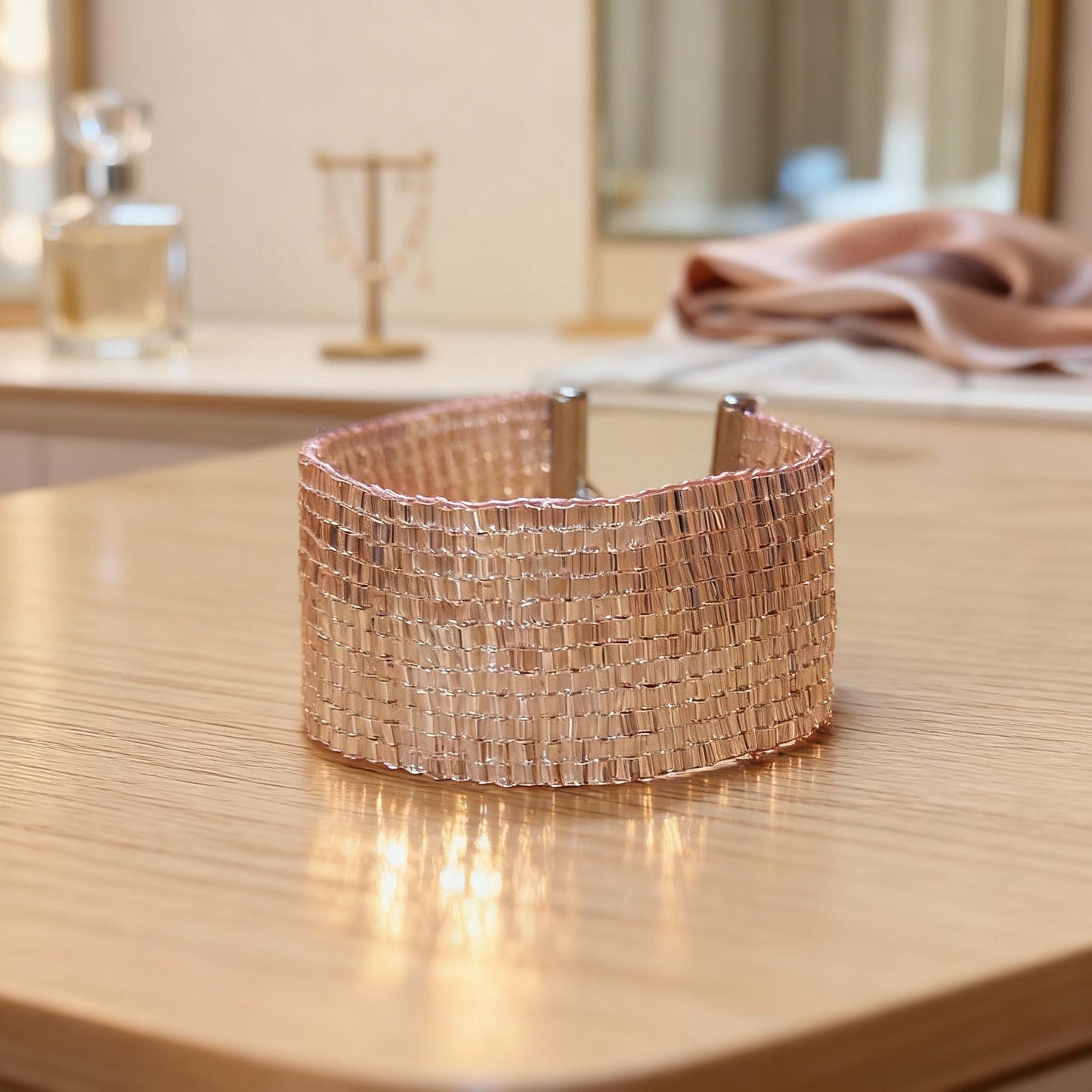 Blush Crystal Luxe | Handwoven TOHO Beaded Cuff Bracelet with Rhinestone Magnetic Clasp