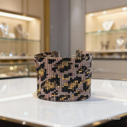 Leopard Beaded Cuff Bracelet | Handwoven Miyuki Animal Wristband | Wild Pattern Beaded Jewelry