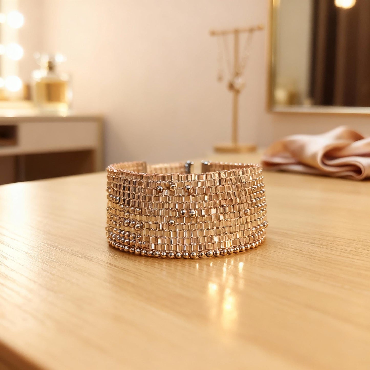 Blush Crystal Luxe | Handwoven TOHO Beaded Cuff Bracelet with Rhinestone Magnetic Clasp