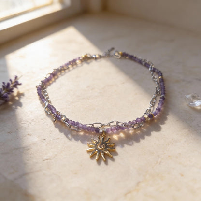 Amethyst Beaded Necklace with Gold Sun Pendant