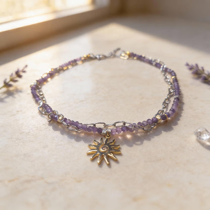 Amethyst Beaded Necklace with Gold Sun Pendant