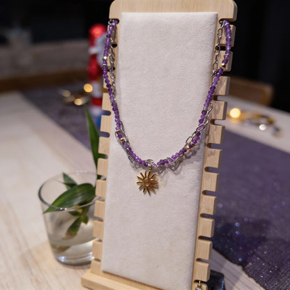 Amethyst Beaded Necklace with Gold Sun Pendant
