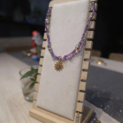 Amethyst Beaded Necklace with Gold Sun Pendant