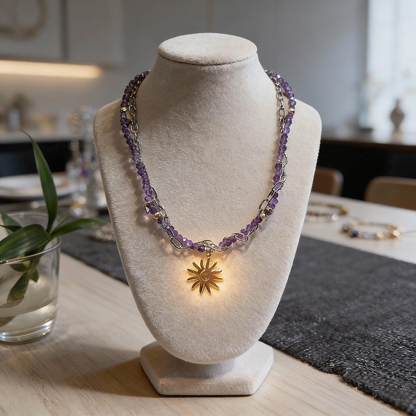 Amethyst Beaded Necklace with Gold Sun Pendant