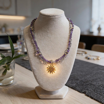 Amethyst Beaded Necklace with Gold Sun Pendant
