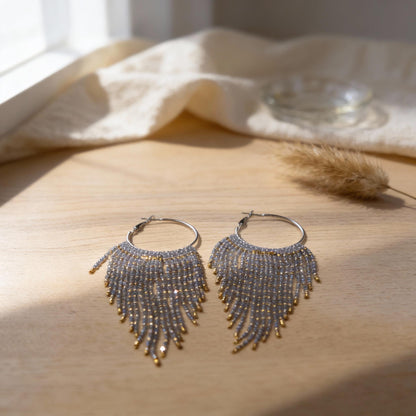 Miyuki Bead Fringe Hoops, Gray & Gold Seed Bead Statement Earrings, Handmade Boho Jewelry