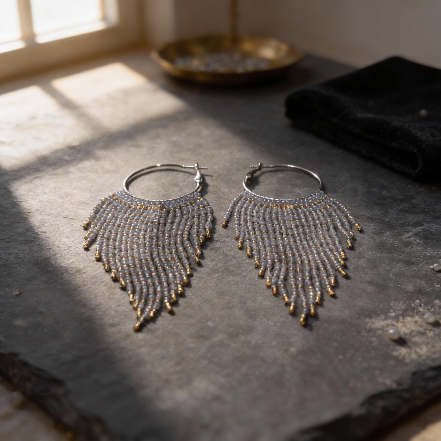 Miyuki Bead Fringe Hoops, Gray & Gold Seed Bead Statement Earrings, Handmade Boho Jewelry