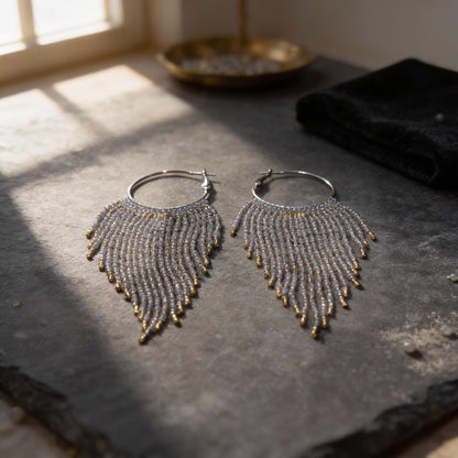 Miyuki Bead Fringe Hoops, Gray & Gold Seed Bead Statement Earrings, Handmade Boho Jewelry