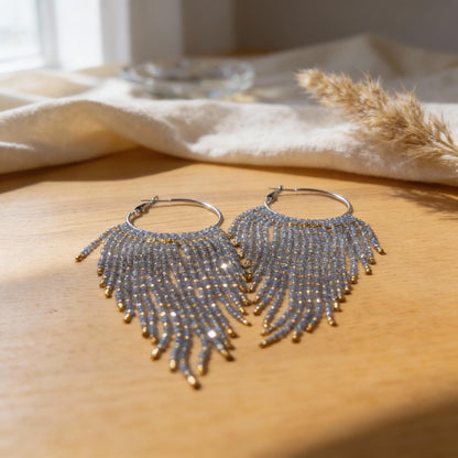 Miyuki Bead Fringe Hoops, Gray & Gold Seed Bead Statement Earrings, Handmade Boho Jewelry