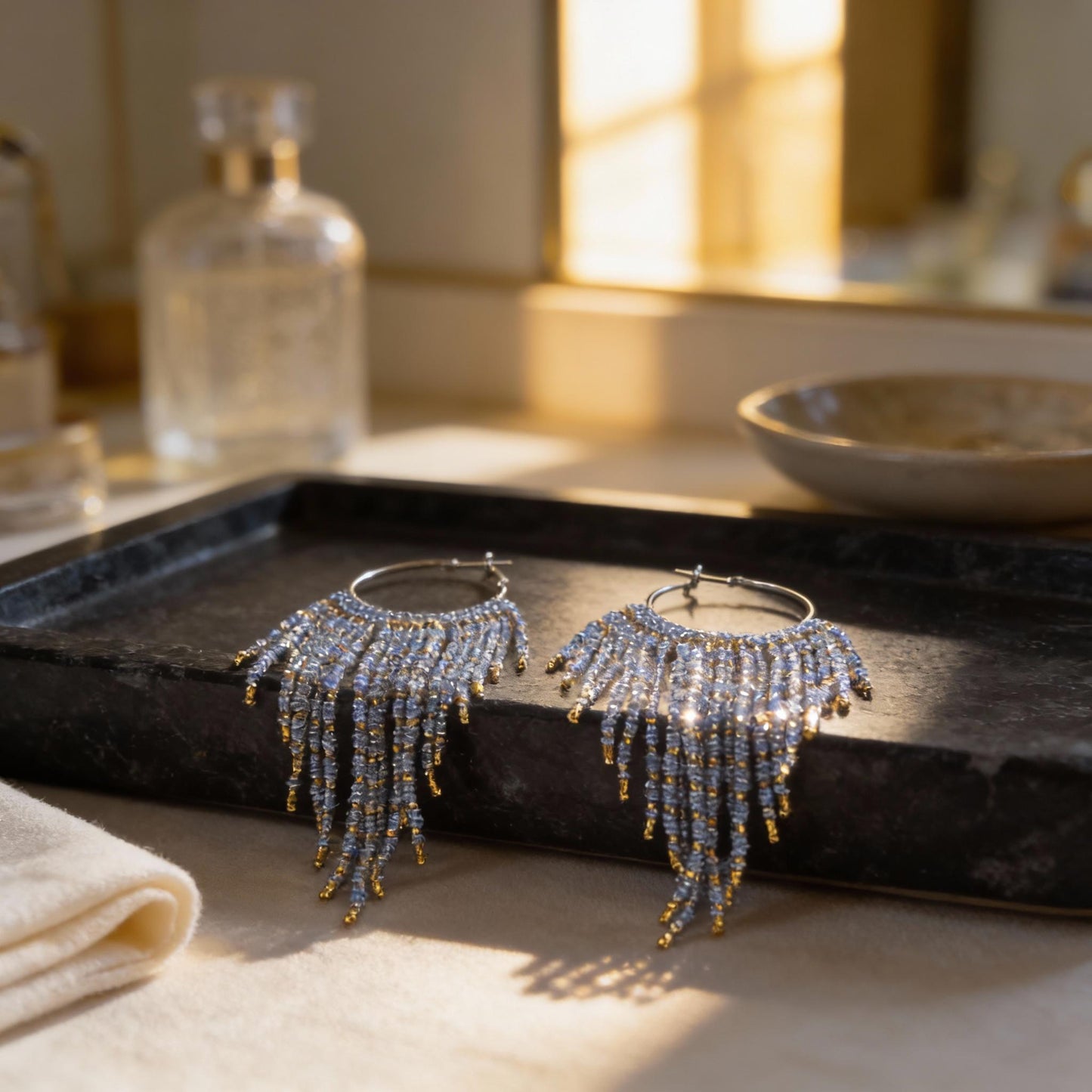 Miyuki Bead Fringe Hoops, Gray & Gold Seed Bead Statement Earrings, Handmade Boho Jewelry