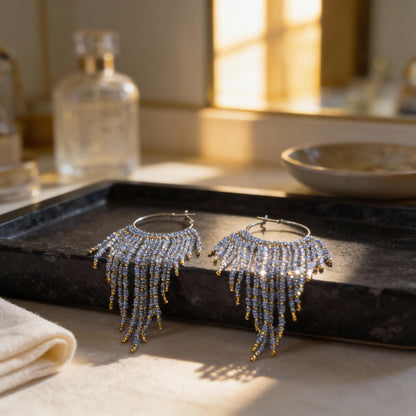 Miyuki Bead Fringe Hoops, Gray & Gold Seed Bead Statement Earrings, Handmade Boho Jewelry