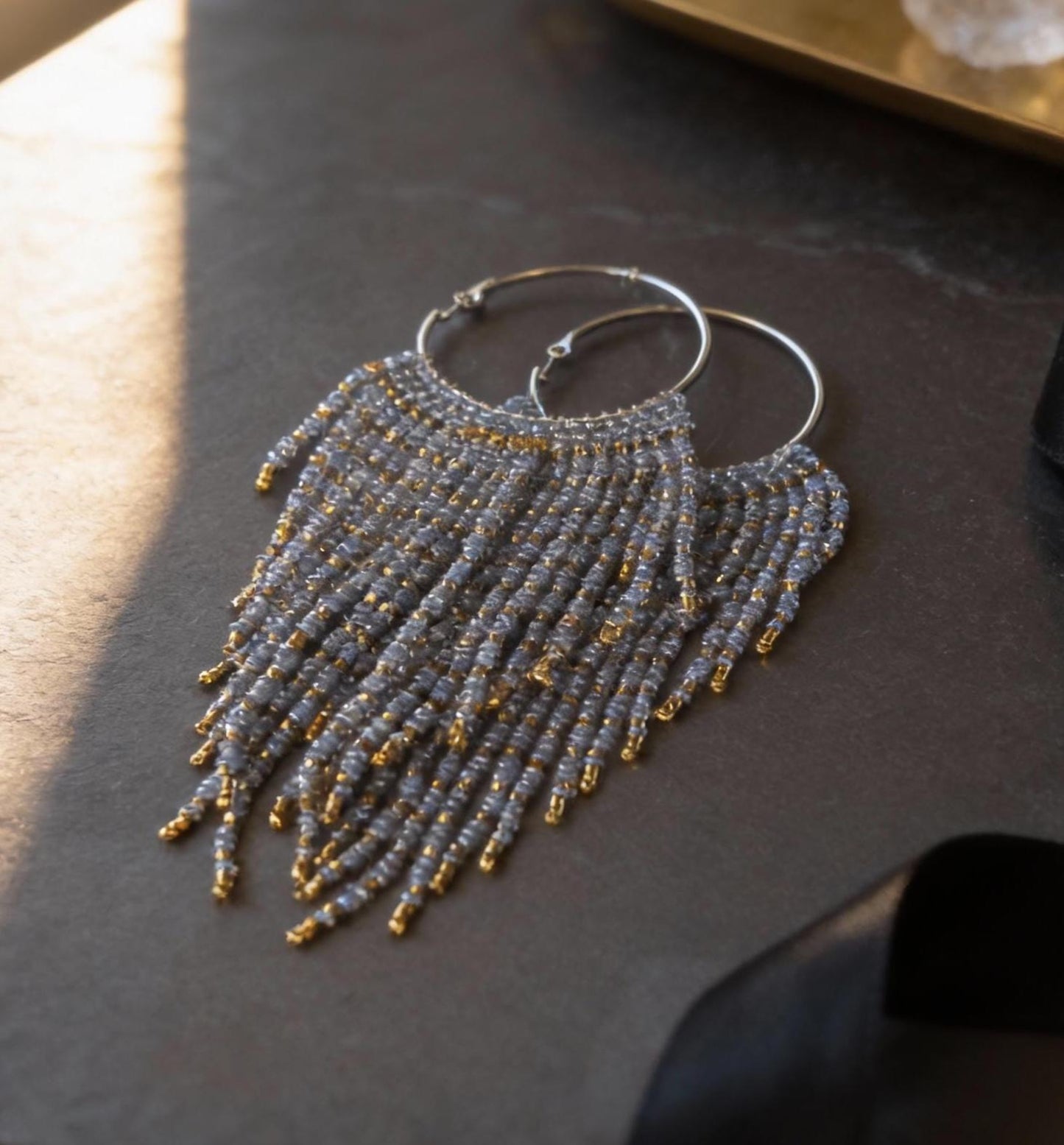 Miyuki Bead Fringe Hoops, Gray & Gold Seed Bead Statement Earrings, Handmade Boho Jewelry