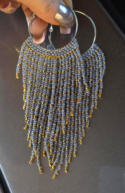 Miyuki Bead Fringe Hoops, Gray & Gold Seed Bead Statement Earrings, Handmade Boho Jewelry