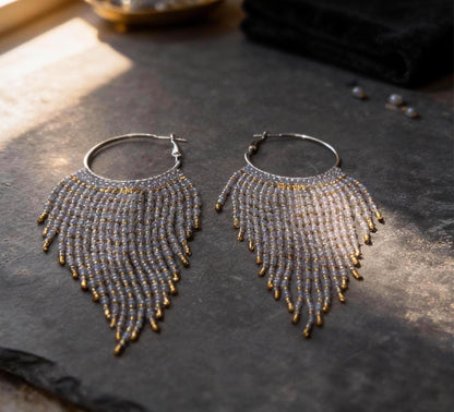 Miyuki Bead Fringe Hoops, Gray & Gold Seed Bead Statement Earrings, Handmade Boho Jewelry