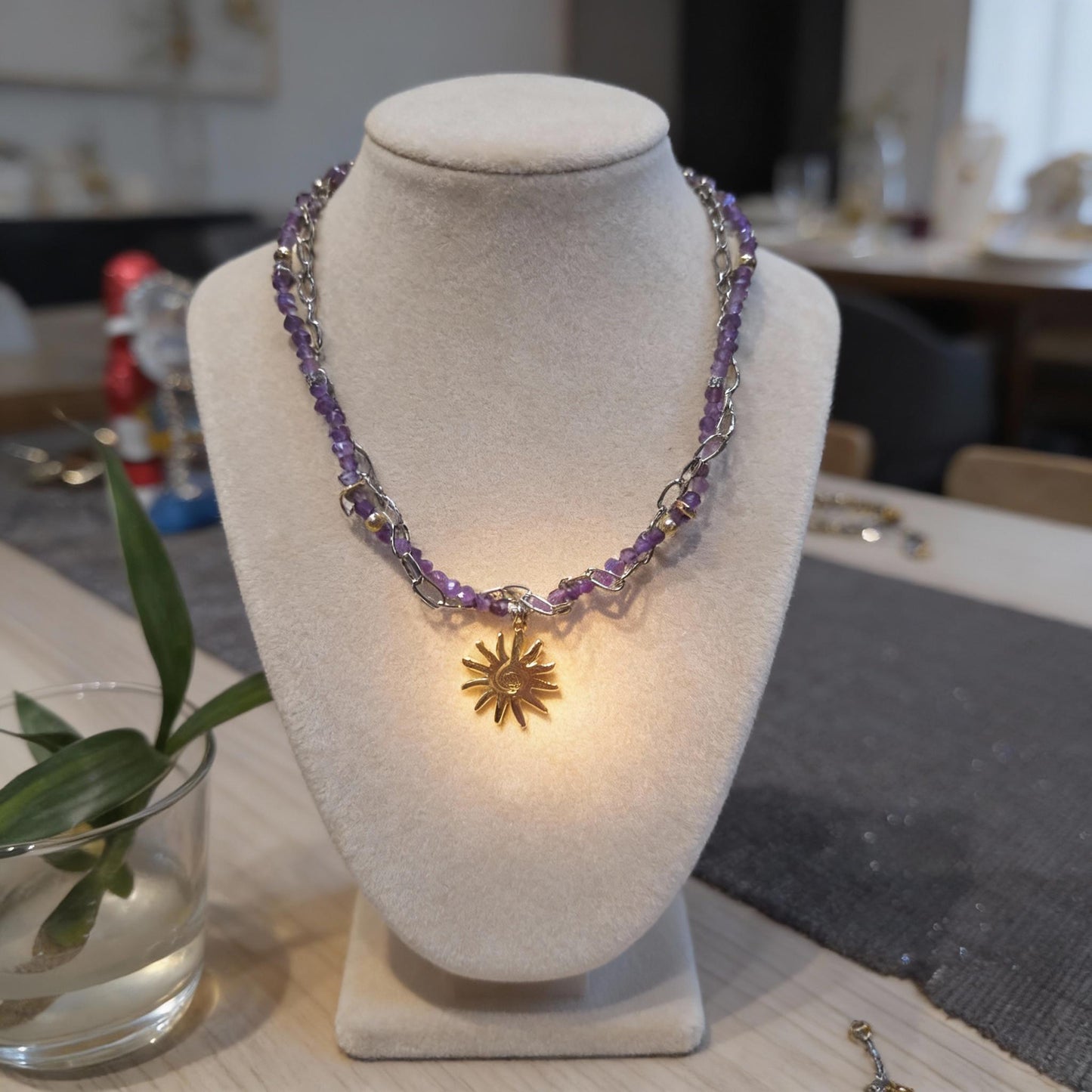 Amethyst Beaded Necklace with Gold Sun Pendant