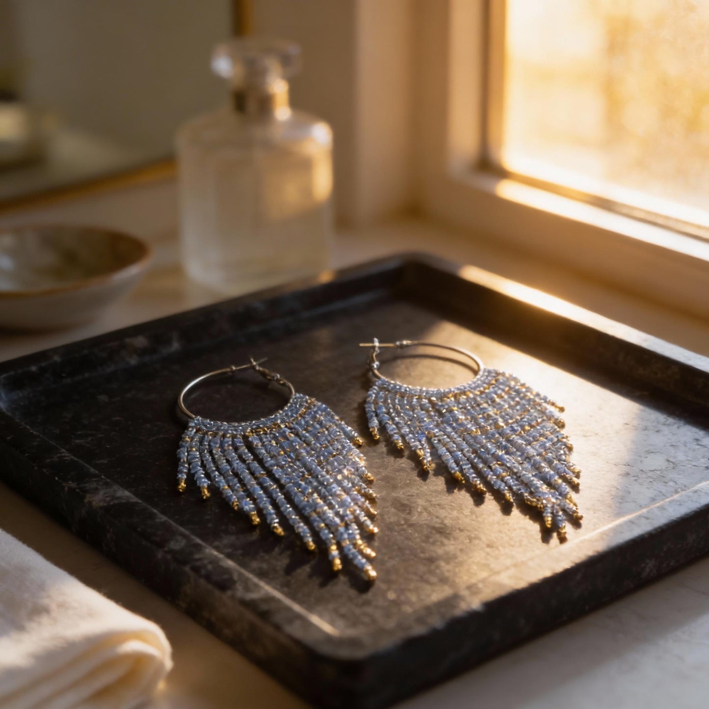 Miyuki Bead Fringe Hoops, Gray & Gold Seed Bead Statement Earrings, Handmade Boho Jewelry