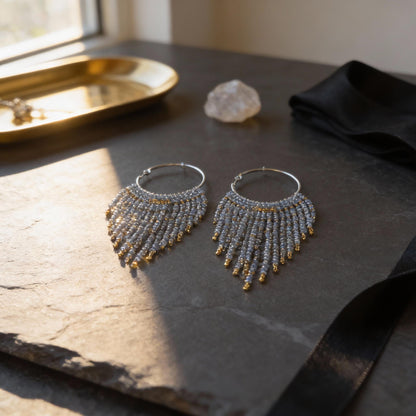 Miyuki Bead Fringe Hoops, Gray & Gold Seed Bead Statement Earrings, Handmade Boho Jewelry