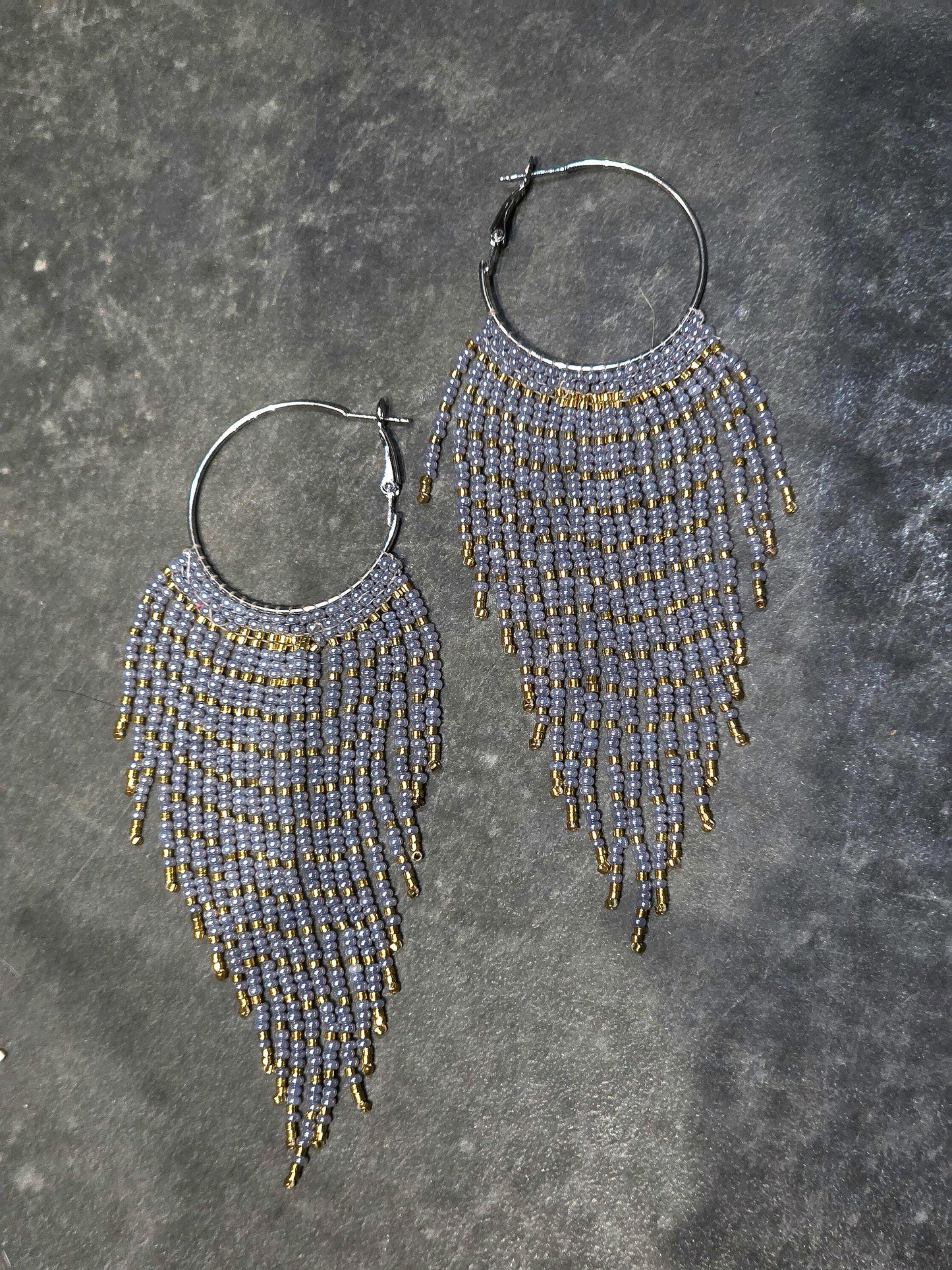 Miyuki Bead Fringe Hoops, Gray & Gold Seed Bead Statement Earrings, Handmade Boho Jewelry