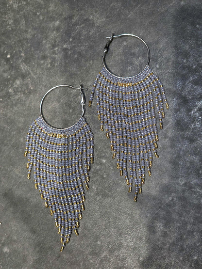 Miyuki Bead Fringe Hoops, Gray & Gold Seed Bead Statement Earrings, Handmade Boho Jewelry