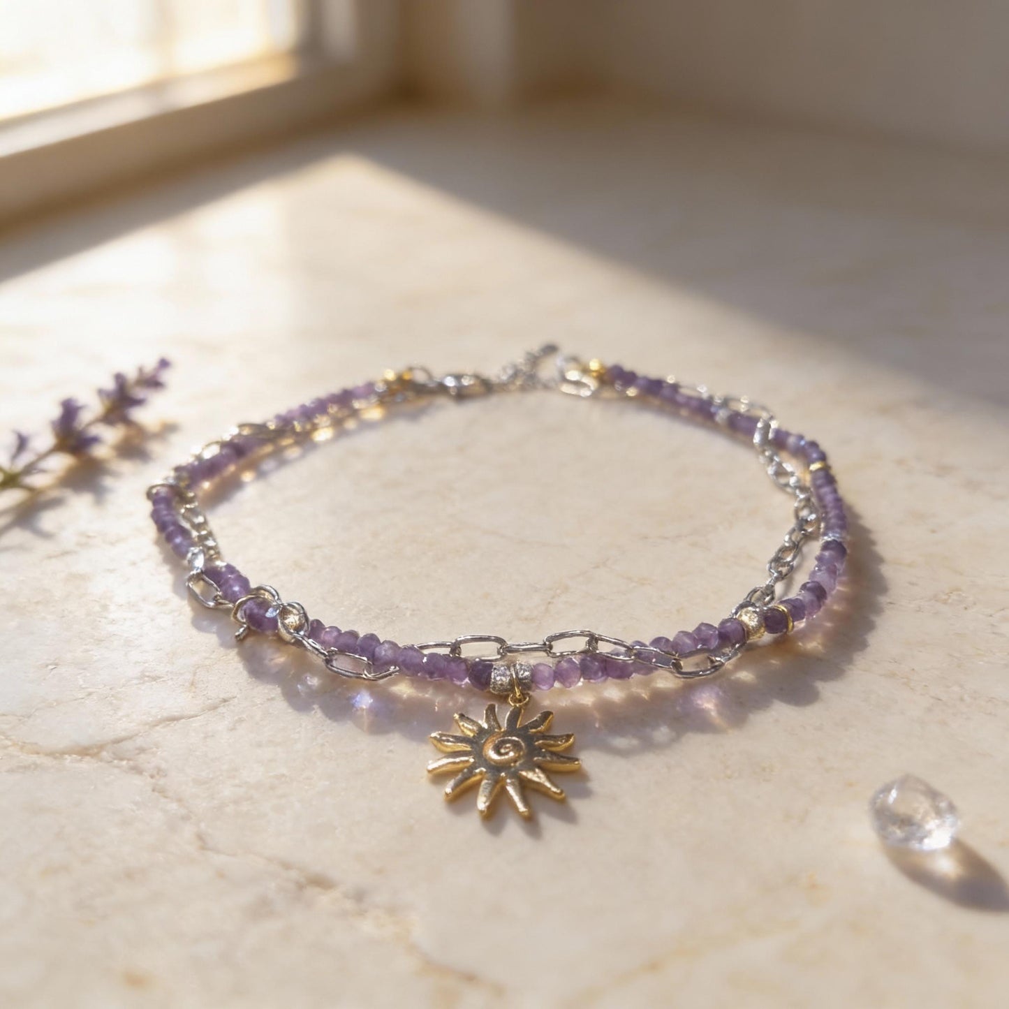 Amethyst Beaded Necklace with Gold Sun Pendant