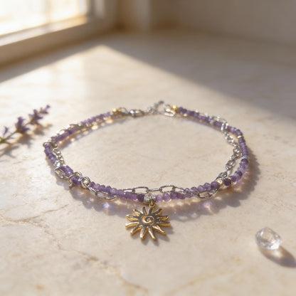 Amethyst Beaded Necklace with Gold Sun Pendant