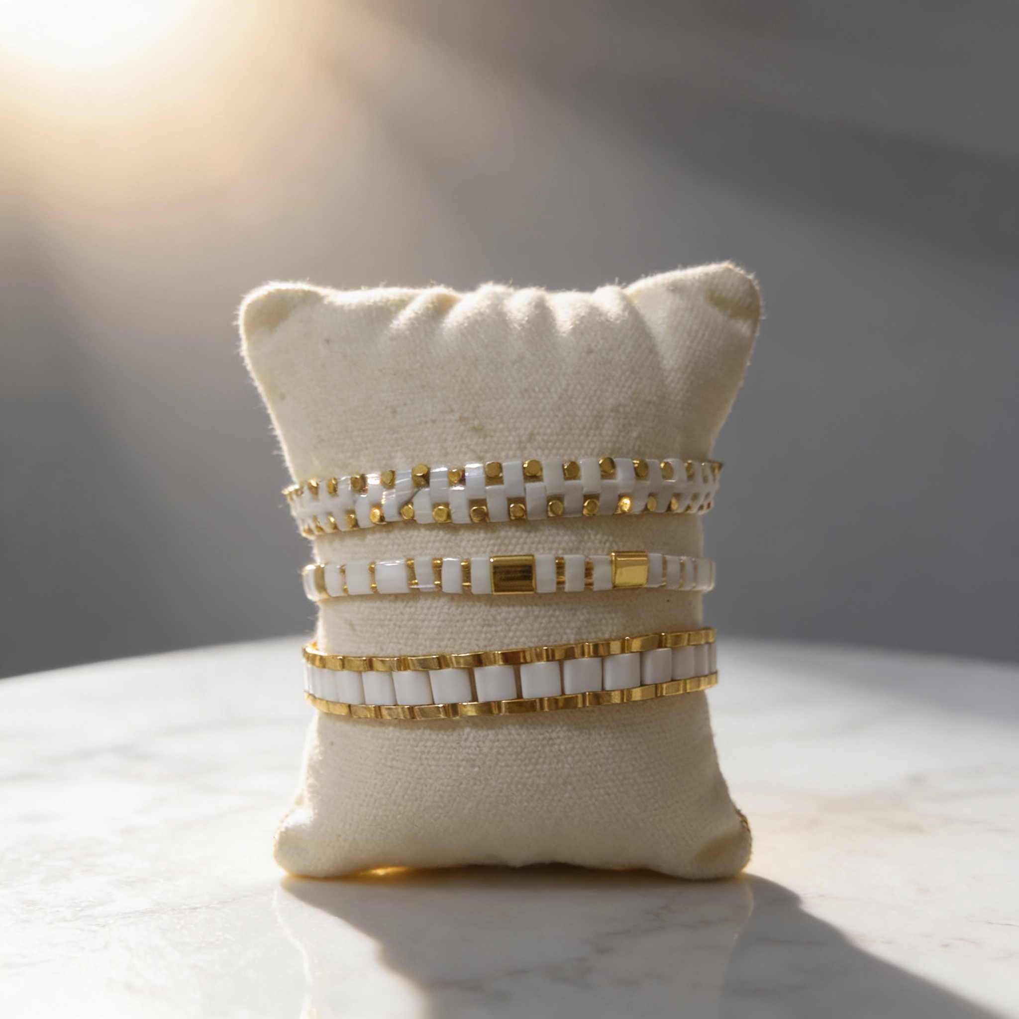 ivory glow Miyuki Tila white and gold bracelets
