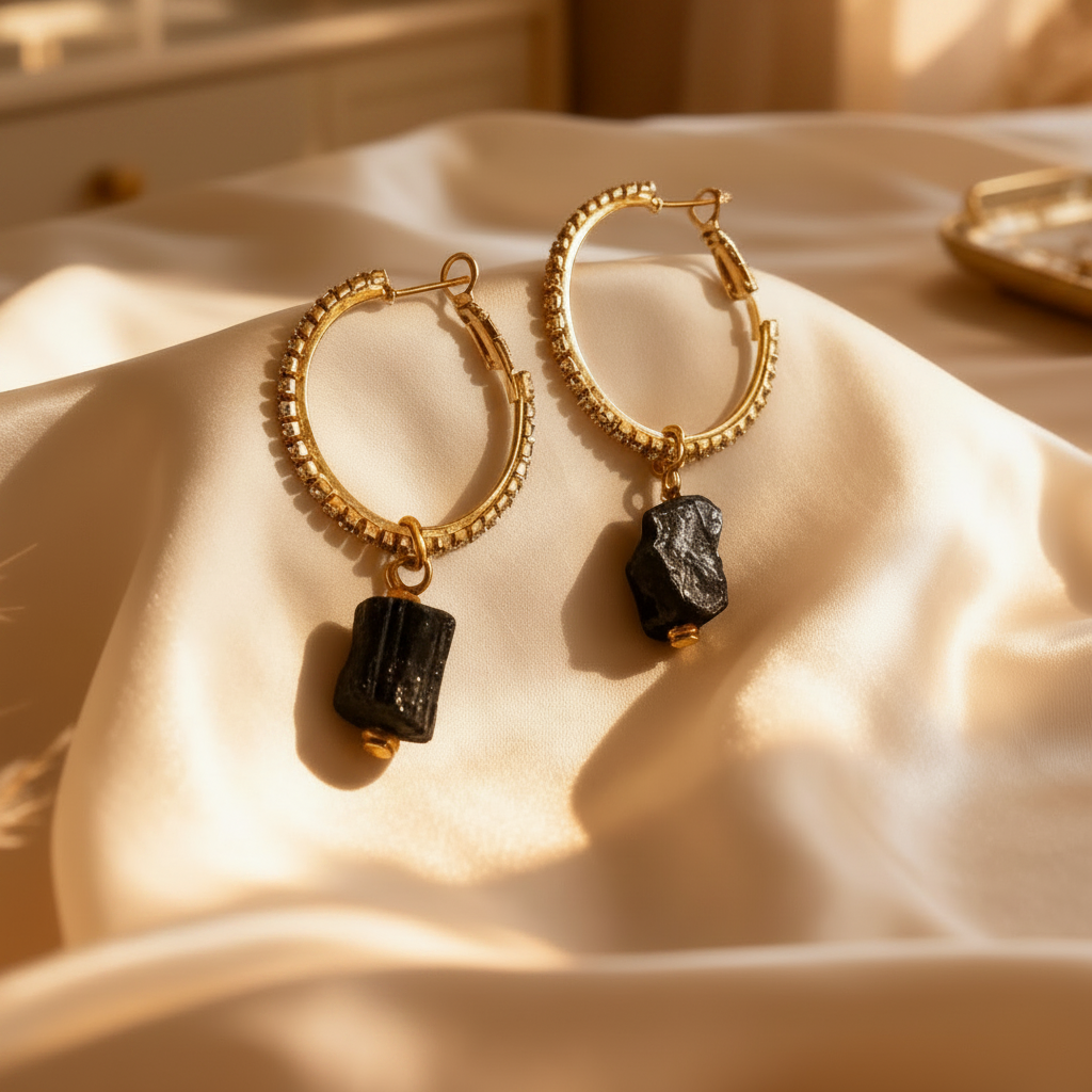 Gold-plated hoop earrings with zircon accents and natural black tourmaline gemstone drops displayed on soft ivory satin fabric.