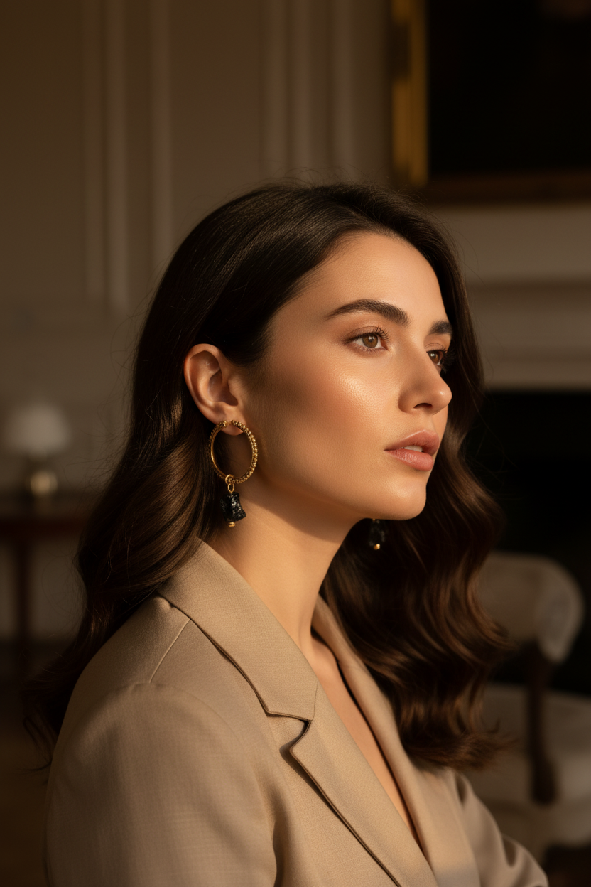 Luxury handmade black tourmaline earrings styled on ear