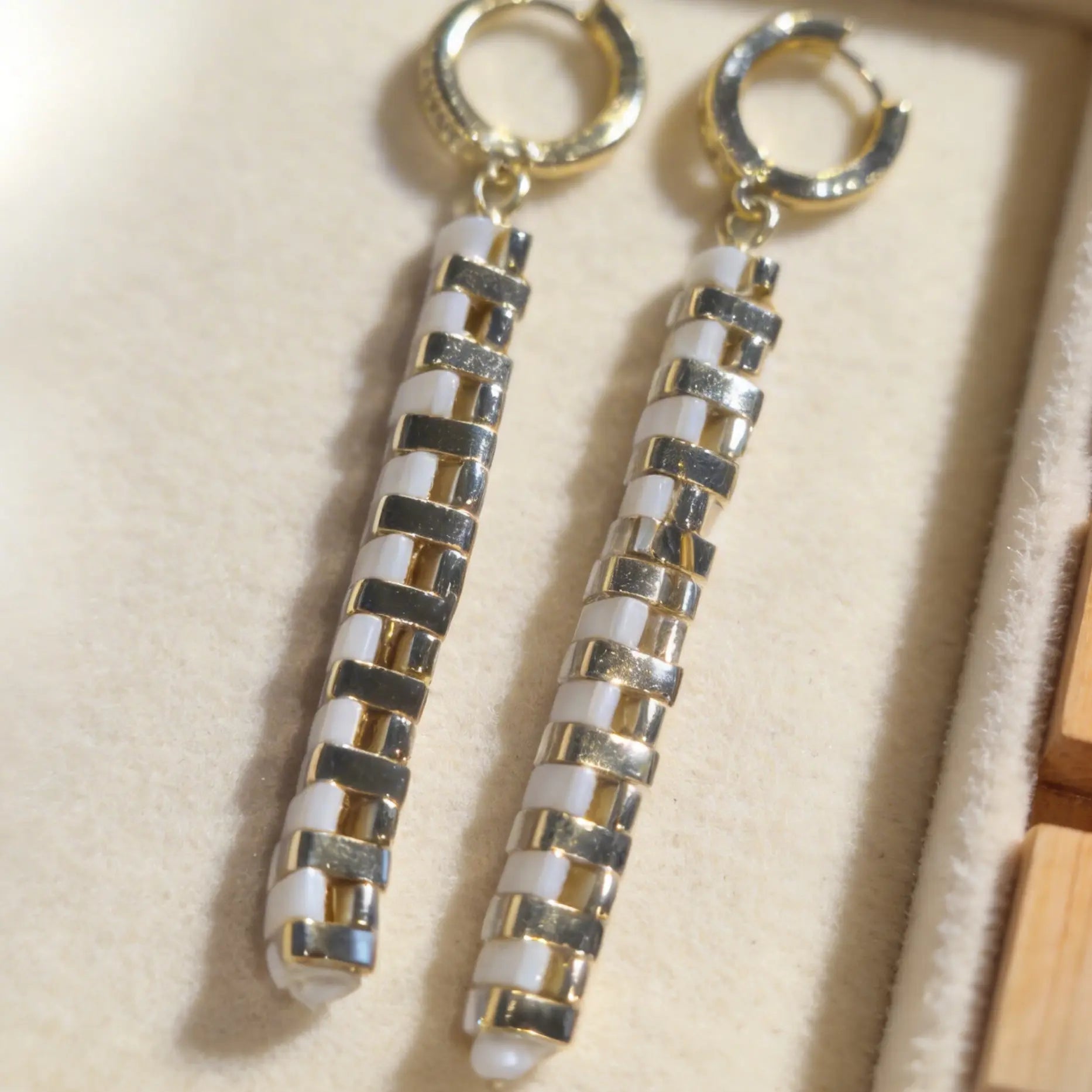 Linear Drop Earrings made with Miyuki Tila beads by Gem N Glow by Natali, featuring a sleek, elegant bead design.