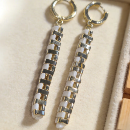 Linear Drop Earrings made with Miyuki Tila beads by Gem N Glow by Natali, featuring a sleek, elegant bead design.