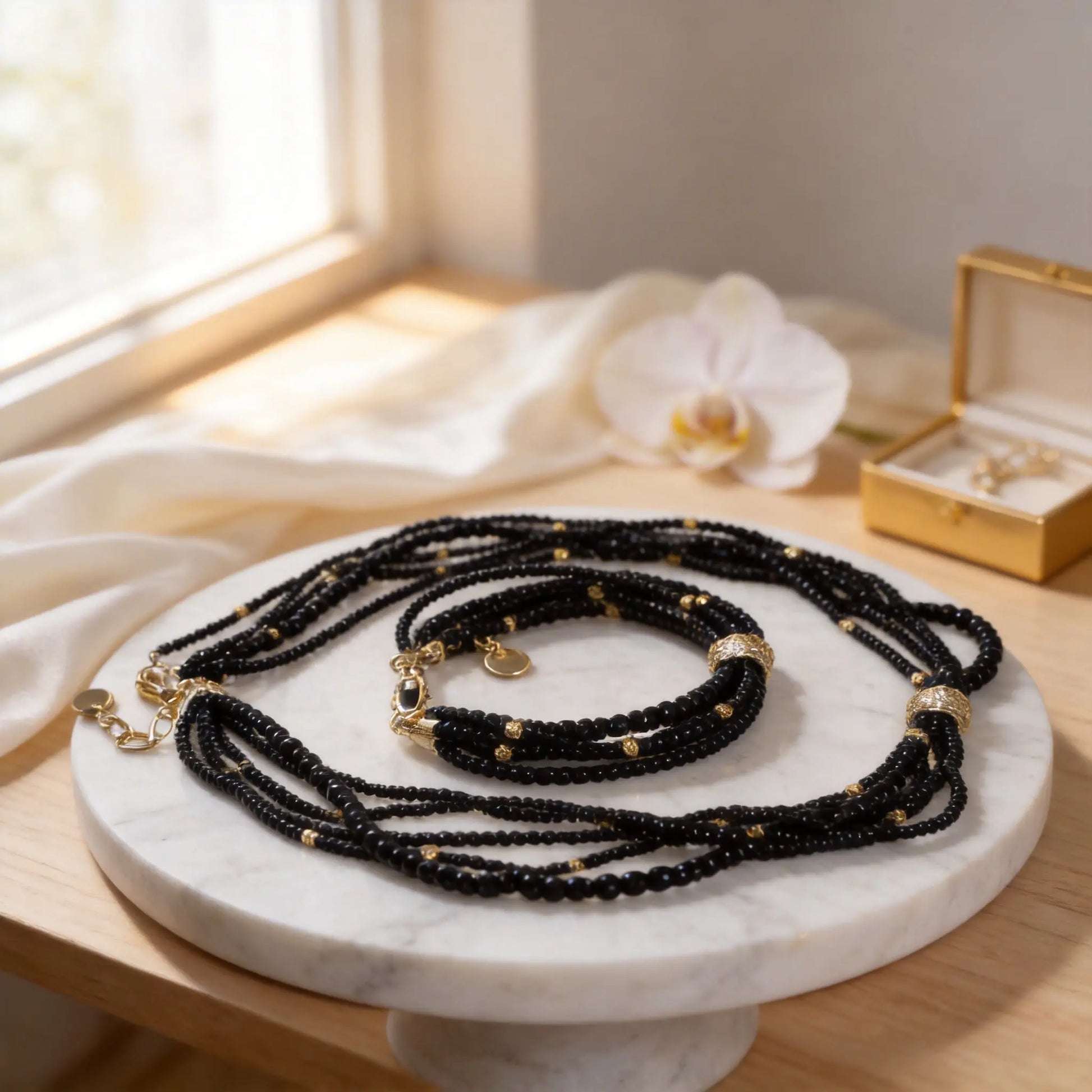 Eclipse Miyuki Set | Black Seed Bead Layered Jewelry with Gold Accents - Gemnglow