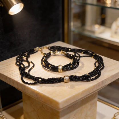 Eclipse Miyuki Set | Black Seed Bead Layered Jewelry with Gold Accents - Gemnglow