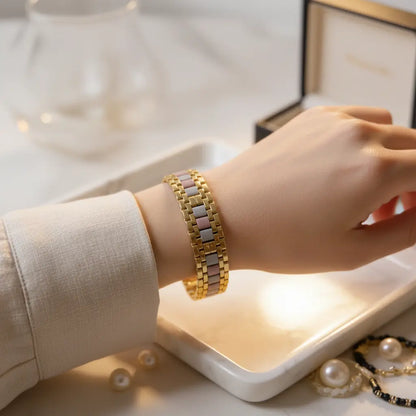 Soft blush Miyuki Tila and Half Tila bracelet by Gem N Glow by Natali featuring delicate beadwork on a flexible jewelry band.